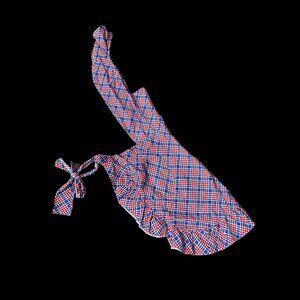 Vintage Ruffled Apron Red Blue Plaid Cotton Pocket Handmade Patriotic Kitchen